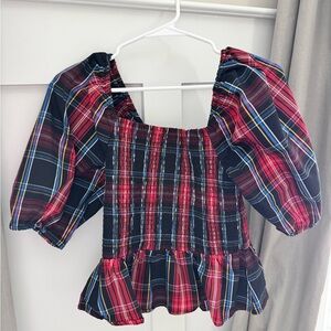 Draper James Plaid Puff Sleeve Peplum Top
